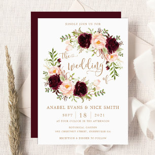 Invitation Floral Burgundy Blush Élégant Mariage de typograph