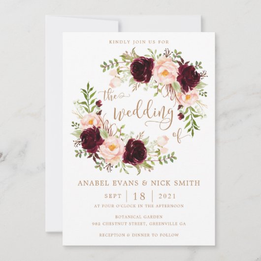 Invitation Floral Burgundy Blush Élégant Mariage de typograph (Devant)
