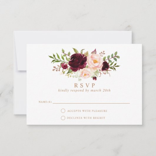 Invitation Floral Burgundy Blush Élégant Mariage RSVP Répondr (Devant)