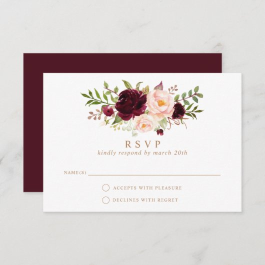Invitation Floral Burgundy Blush Élégant Mariage RSVP Répondr (Devant / Derrière)