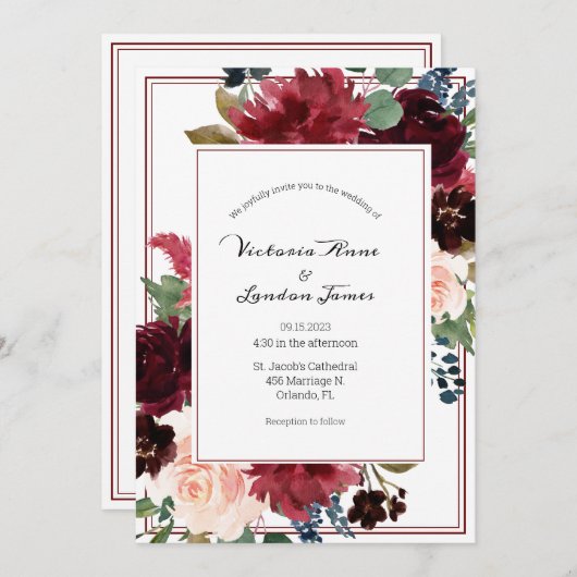 Invitation Floral Burgundy Blush Élégant Mariage Script (Devant / Derrière)