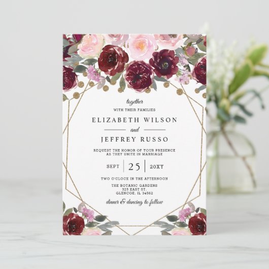 Invitation Floral Burgundy Blush or Mariage géométrique (Debout devant)