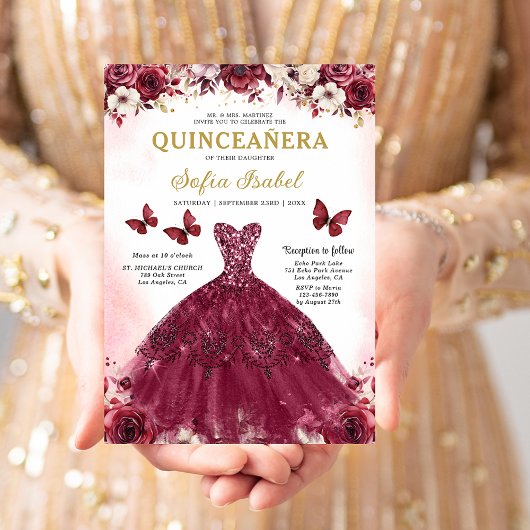 Invitation Floral Burgundy Butterfly Princess Quinceanera