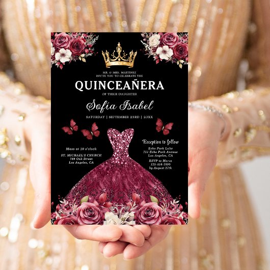 Invitation Floral Burgundy Butterfly Princess Quinceanera
