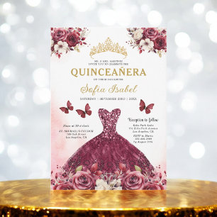 Invitation Floral Burgundy Butterfly Princess Quinceanera