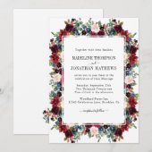 Invitation Floral Burgundy Marine Carré Bleu Mariage frontièr (Devant / Derrière)