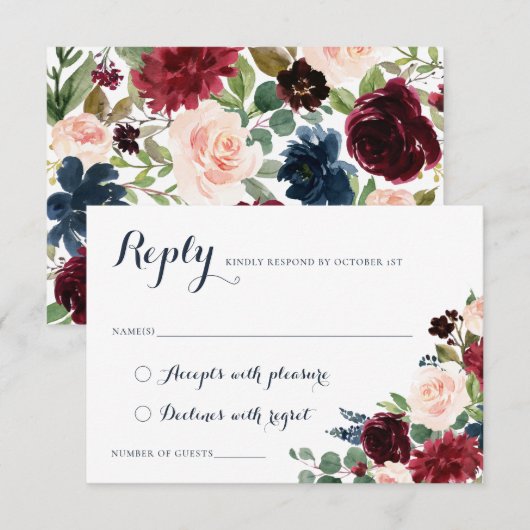 Invitation Floral Burgundy Navy Blush Crest Elegant RSVP (Devant / Derrière)