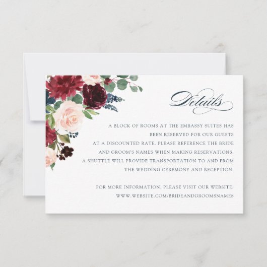 Invitation Floral Burgundy Navy Elegant Blush Details Card (Devant)