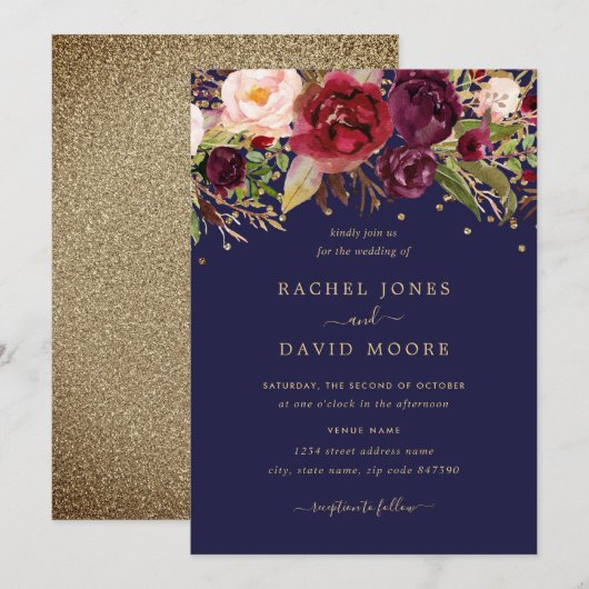 Invitation Floral Burgundy Navy Gold Confetti Wedding Invitat (Devant / Derrière)