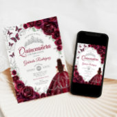 Invitation Floral Burgundy Silver Quinceanera