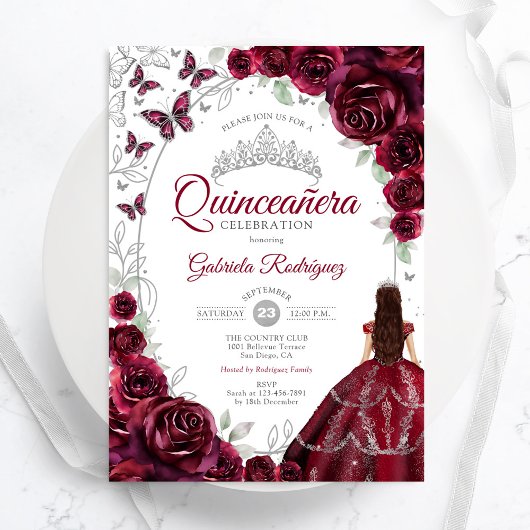 Invitation Floral Burgundy Silver Quinceanera