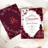 Invitation Floral Burgundy Silver Quinceanera