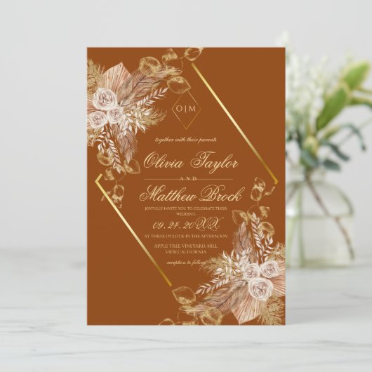 Invitation Floral Burn Orange Boho Mariage rustique (Debout devant)