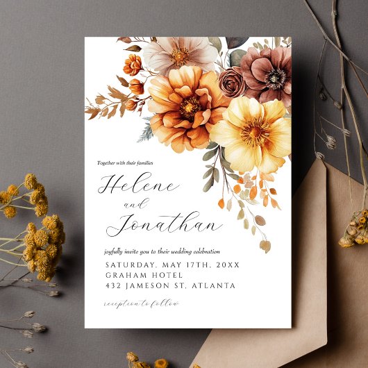 Invitation Floral Burnt Orange Terracotta Élégant Mariage