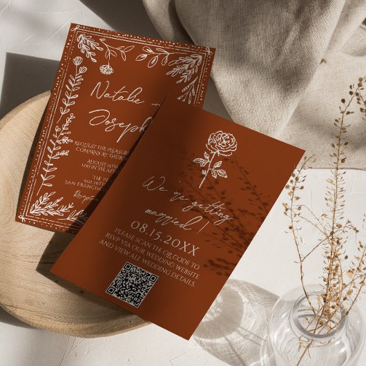 Invitation Floral Burnt Orange Terracotta QR Code Wedding