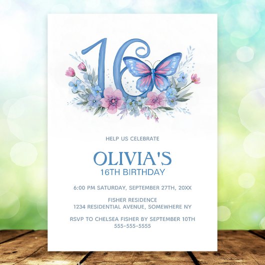 Invitation Floral Butterfly Blue 16th Birthday Party