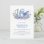 Invitation Floral Butterfly Blue 16th Birthday Party (Debout devant)