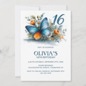 Invitation Floral Butterfly Blue Orange 16th Birthday Party (Devant)