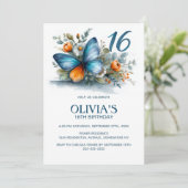 Invitation Floral Butterfly Blue Orange 16th Birthday Party (Debout devant)