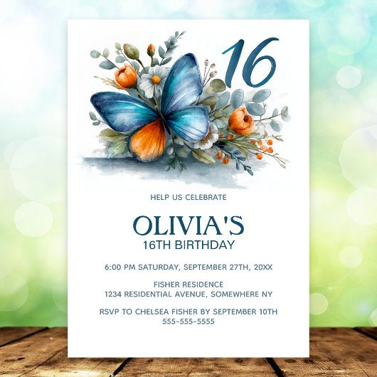 Invitation Floral Butterfly Blue Orange 16th Birthday Party