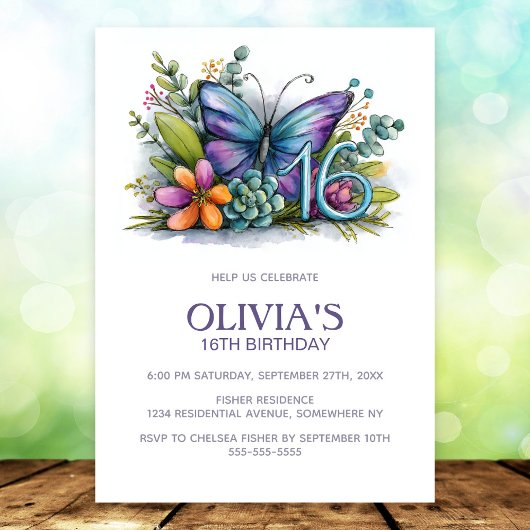 Invitation Floral Butterfly Blue Purple 16th Birthday Party