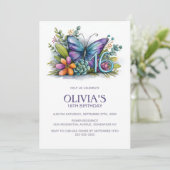Invitation Floral Butterfly Blue Purple 16th Birthday Party (Debout devant)