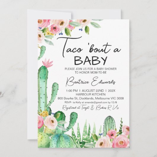 Invitation Floral Cacus Taco Bout A Baby Baby shower (Devant)