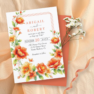 Invitation Floral cadre orangé fleurs, triple bordure mariage