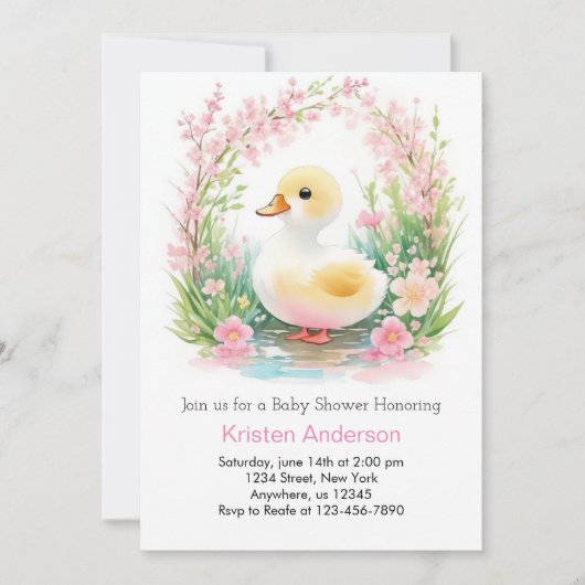Invitation Floral Canard mignon Baby shower fille rose (Devant)
