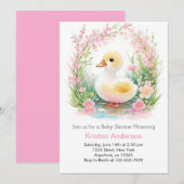 Invitation Floral Canard mignon Baby shower fille rose (Devant / Derrière)