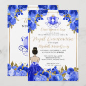 Invitation Floral Cendrillon Princesse Royal Blue Quinceanera (Devant / Derrière)