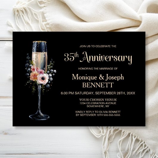 Invitation Floral Champagne Glass 35th Wedding Anniversary