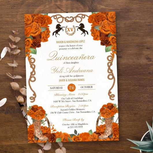 Invitation Floral Charro Ranch Quinceañera, Rose orange