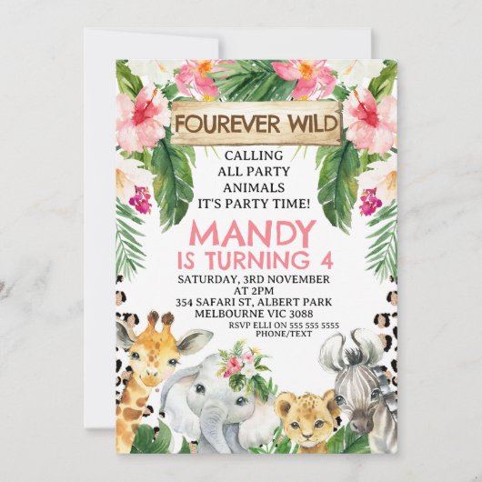 Invitation Floral Cheetah Imprimer Fourever Wild 4e anniversa (Devant)