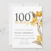 Invitation Floral Chic Elegant Simple Jaune 100e anniversaire (Devant)