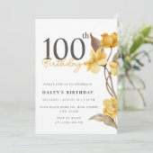 Invitation Floral Chic Elegant Simple Jaune 100e anniversaire (Debout devant)