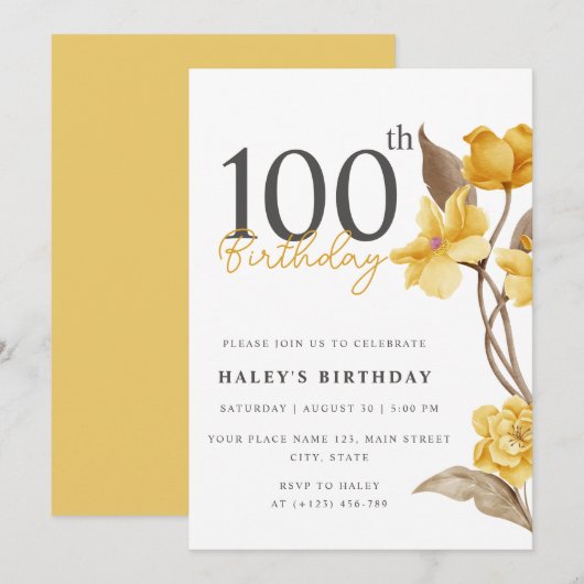 Invitation Floral Chic Elegant Simple Jaune 100e anniversaire (Devant / Derrière)