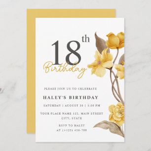 Invitation Floral Chic Elégant Simple Jaune 18e anniversaire