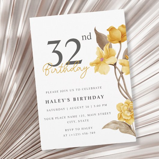 Invitation Floral Chic Elegant Simple Jaune 32e Anniversaire