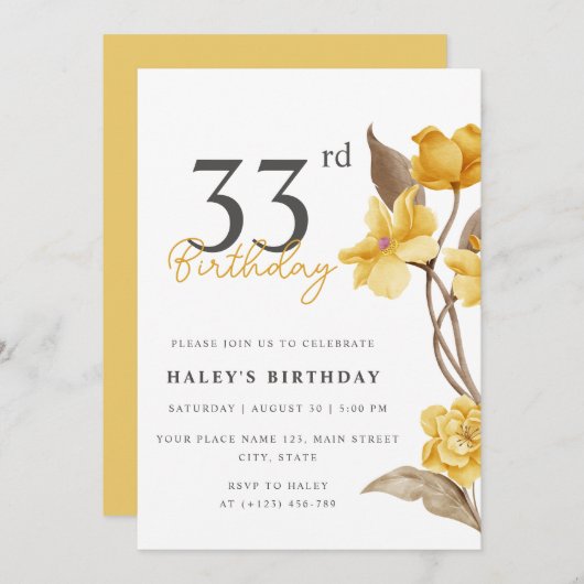 Invitation Floral Chic Elegant Simple Jaune 33e anniversaire (Devant / Derrière)