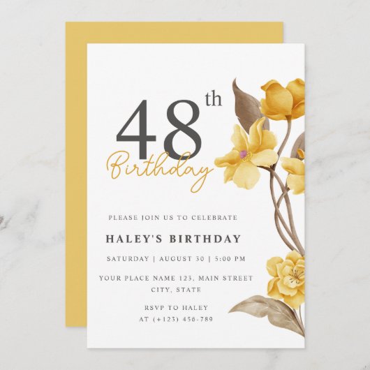 Invitation Floral Chic Elegant Simple Jaune 48e anniversaire (Devant / Derrière)