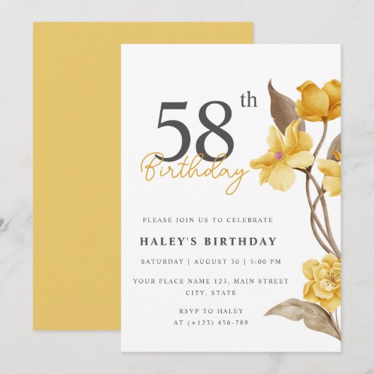 Invitation Floral Chic Elegant Simple Jaune 58e anniversaire (Devant / Derrière)