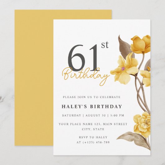 Invitation Floral Chic Elegant Simple Jaune 61e Anniversaire (Devant / Derrière)