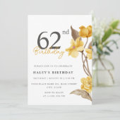 Invitation Floral Chic Elegant Simple Jaune 62e Anniversaire (Debout devant)