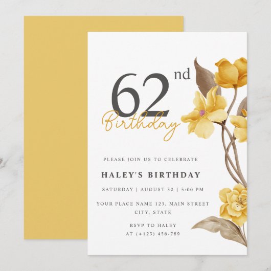 Invitation Floral Chic Elegant Simple Jaune 62e Anniversaire (Devant / Derrière)