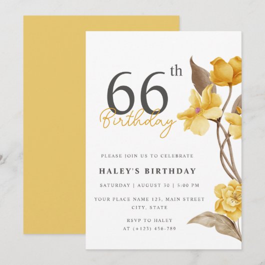 Invitation Floral Chic Elegant Simple Jaune 66e anniversaire (Devant / Derrière)