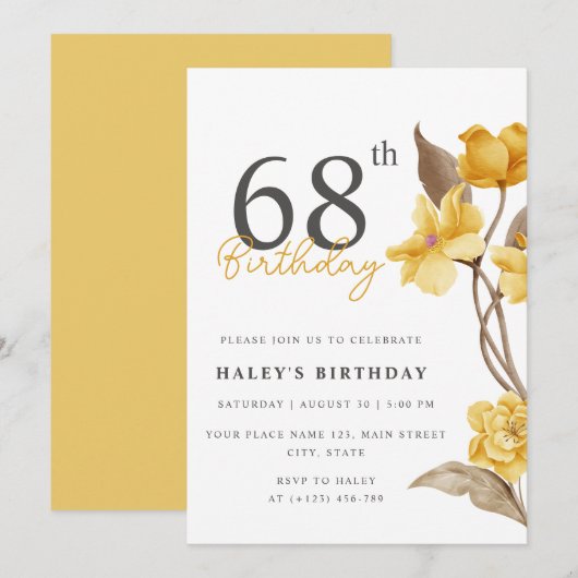 Invitation Floral Chic Elegant Simple Jaune 68e anniversaire (Devant / Derrière)