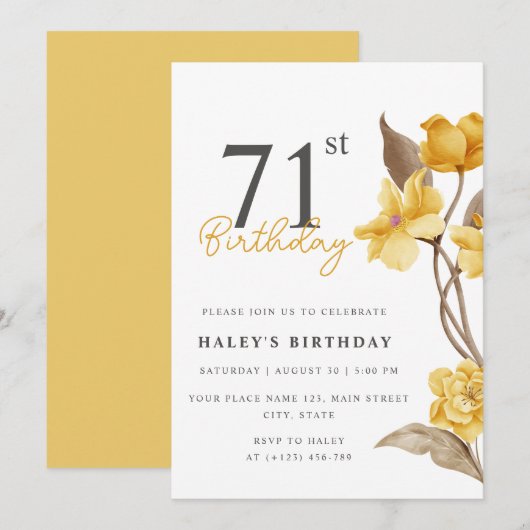 Invitation Floral Chic Elegant Simple Jaune 71e Anniversaire (Devant / Derrière)