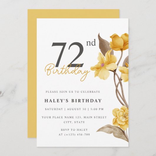 Invitation Floral Chic Elegant Simple Jaune 72e Anniversaire (Devant / Derrière)