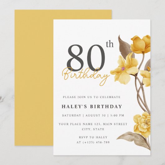 Invitation Floral Chic Elegant Simple Jaune 80e anniversaire (Devant / Derrière)